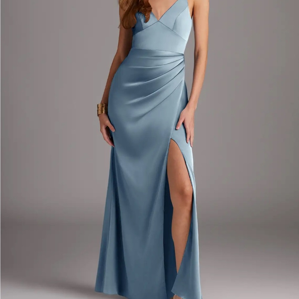 Azazie dusty blue satin stretch Shania dress never worn